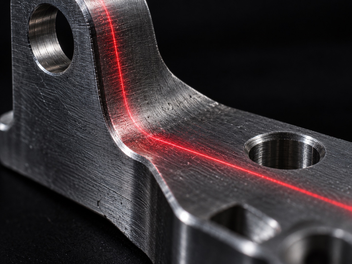 Gros plan sur une ligne laser rouge balayant une pièce mécanique en métal